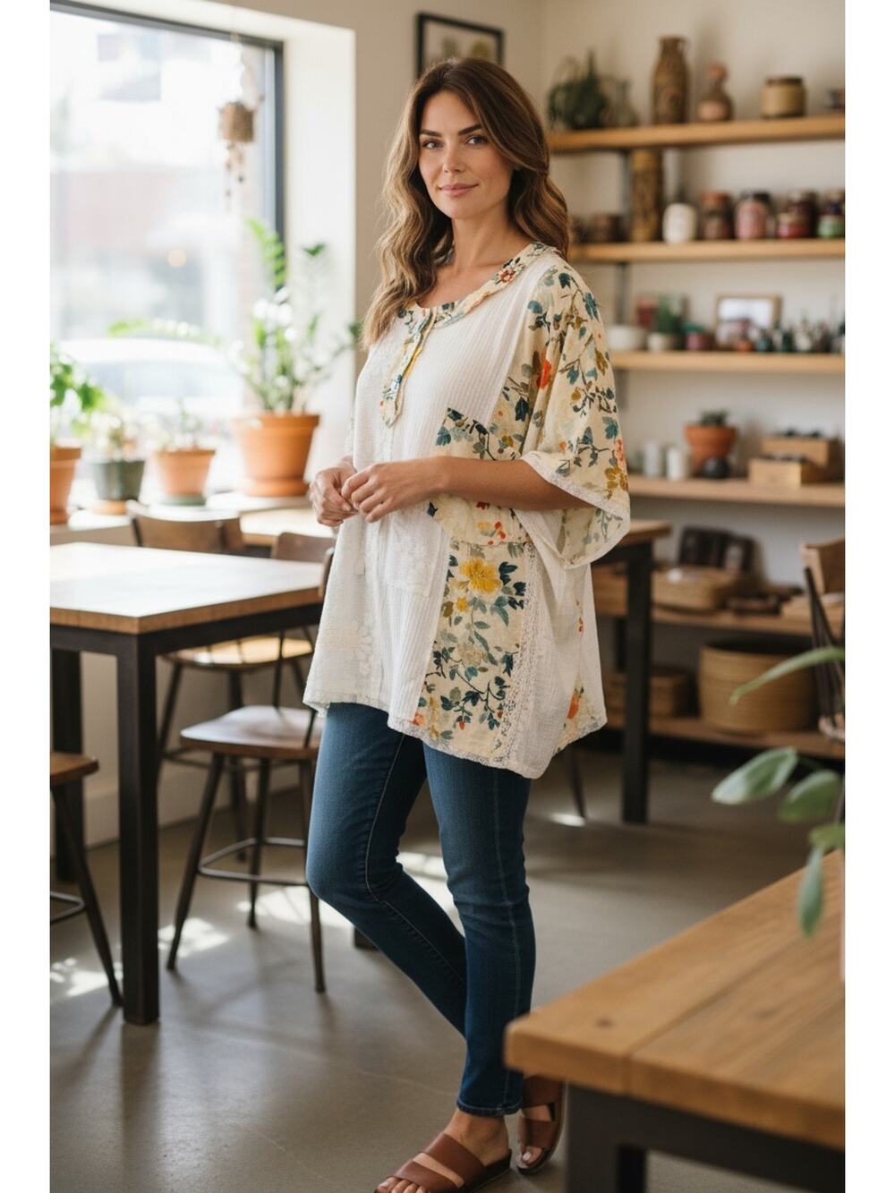 POL - Round Neck Short Sleeve Floral Knit Rib Top - Medium